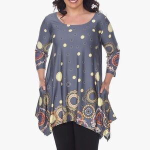 WHITE MARK Women Plus 2XL Erie Tunic Top Artsy Abstract Lagenlook Fishtail Hem